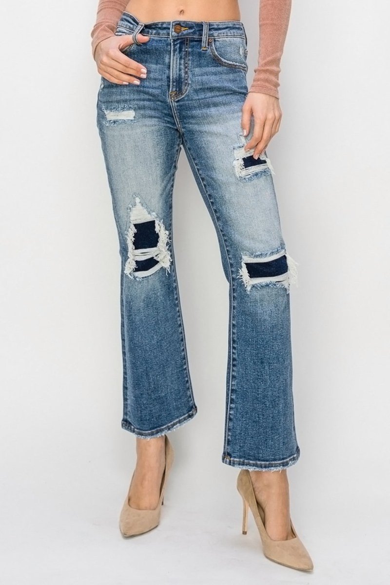 Premium Risen Full Size High Rise Distressed Ankle Flare Jeans