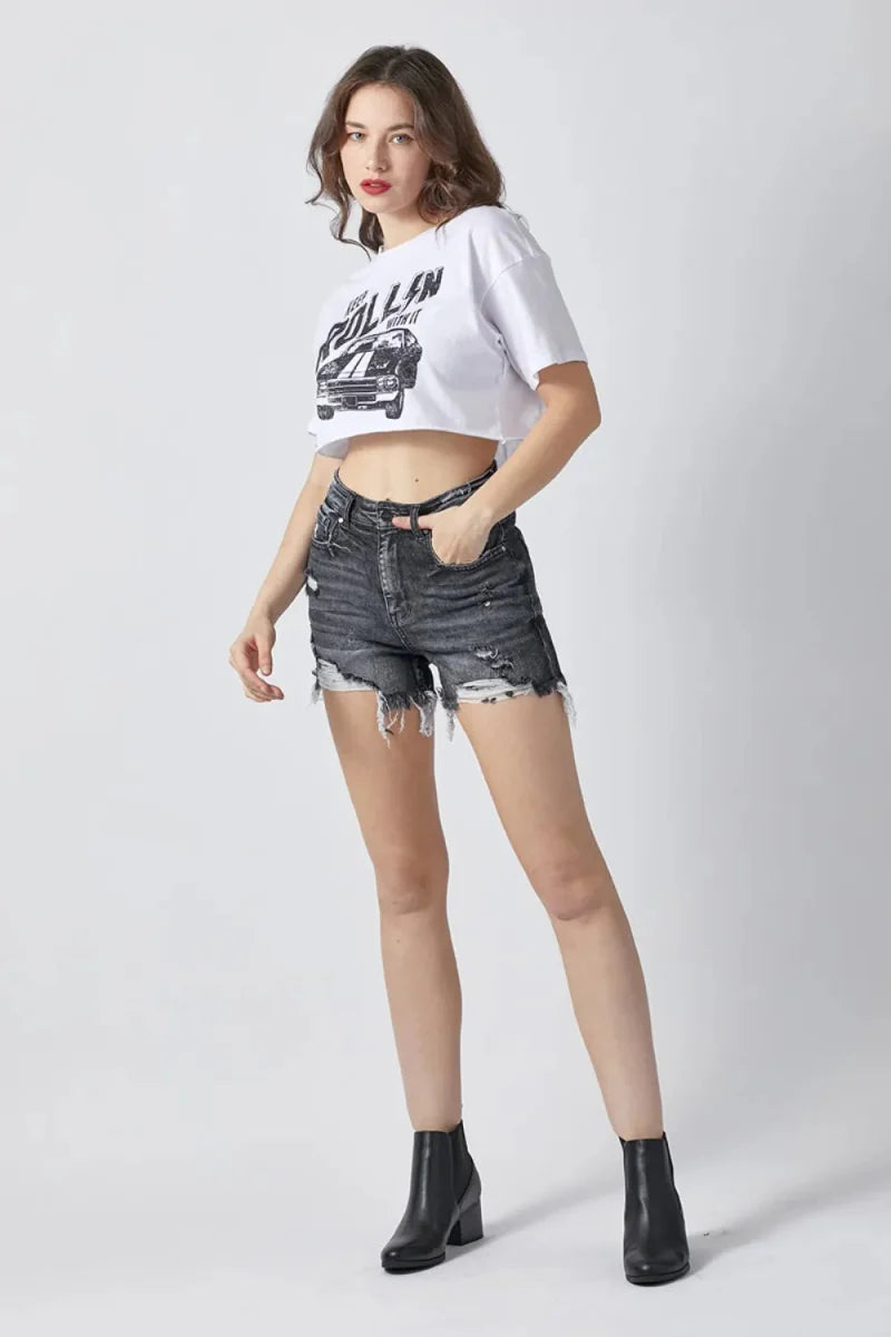 RISEN Full Size High Rise Distressed Denim Shorts Women
