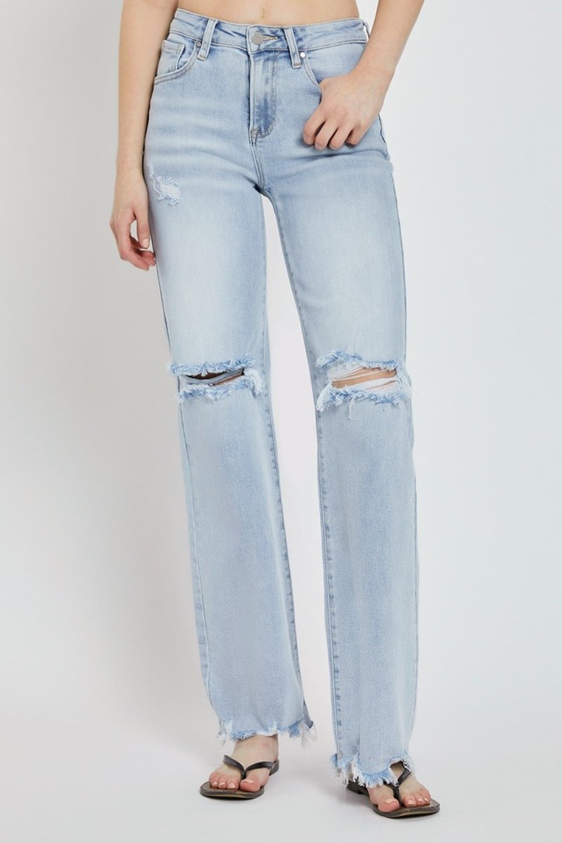 Premium RISEN Full Size High Rise Distressed Wide Leg Jeans for Women