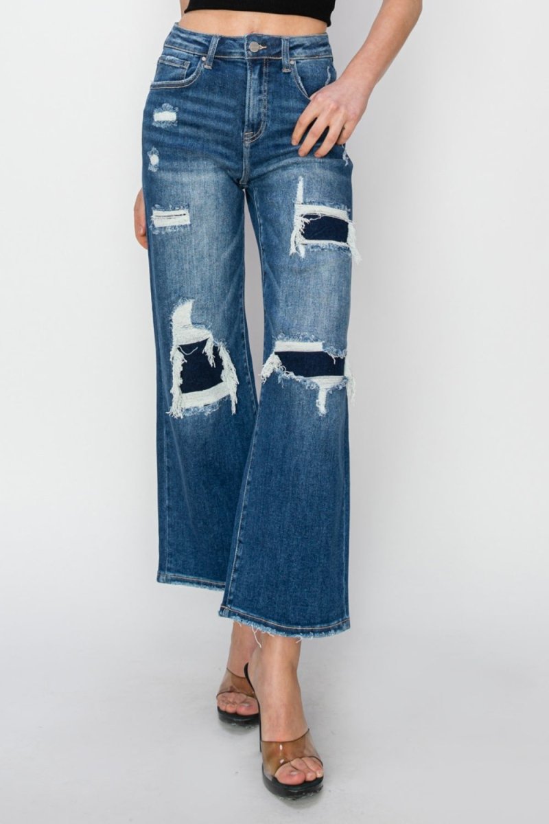 Premium Risen Full Size High Rise Patch Detailed Wide Leg Crop Jeans