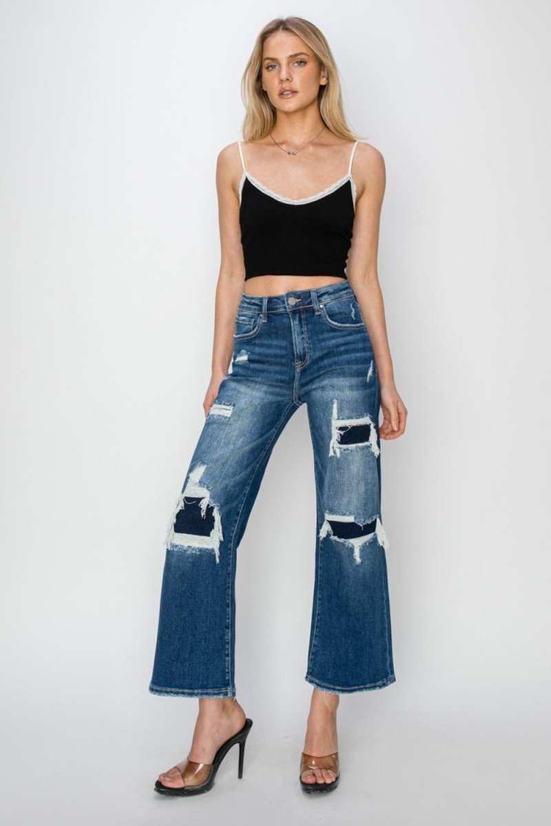 Premium Risen Full Size High Rise Patch Detailed Wide Leg Crop Jeans