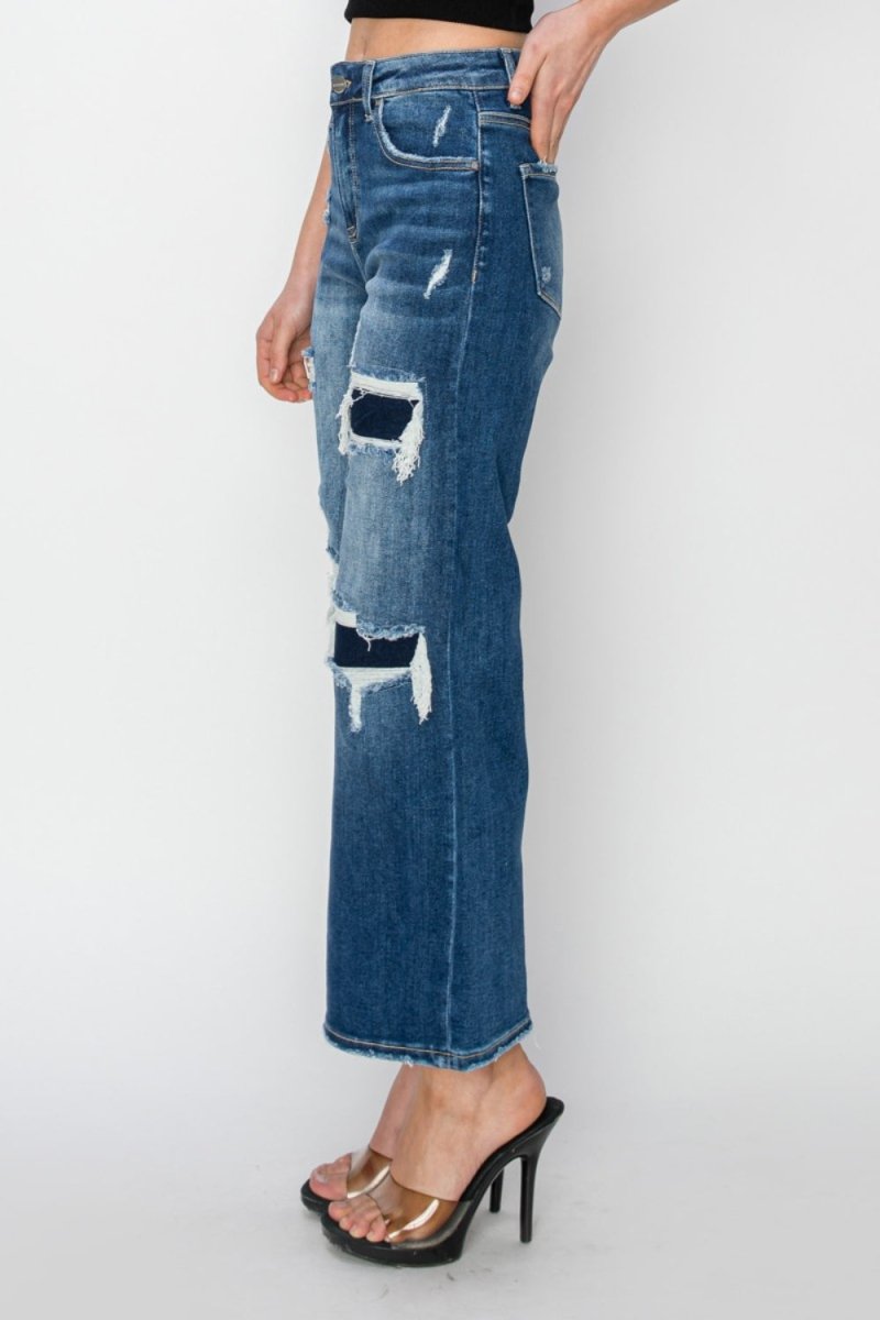 Premium Risen Full Size High Rise Patch Detailed Wide Leg Crop Jeans