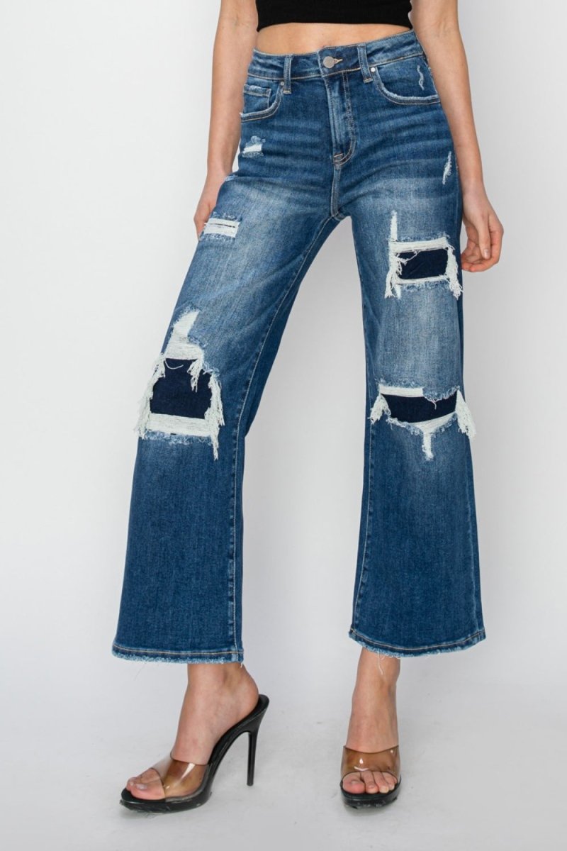 Premium Risen Full Size High Rise Patch Detailed Wide Leg Crop Jeans