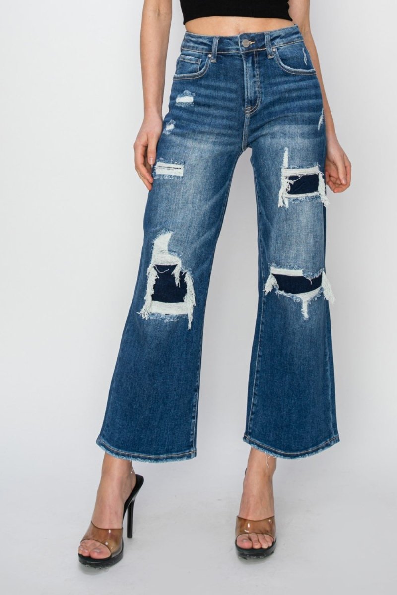 Premium Risen Full Size High Rise Patch Detailed Wide Leg Crop Jeans
