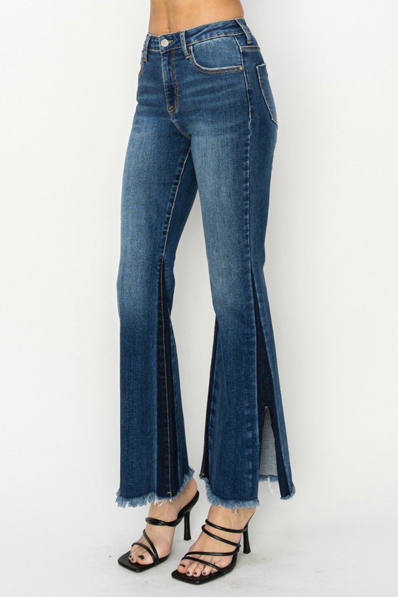 Premium RISEN Full Size High Rise Side Shadow Seam Detail Slit Flare Jeans