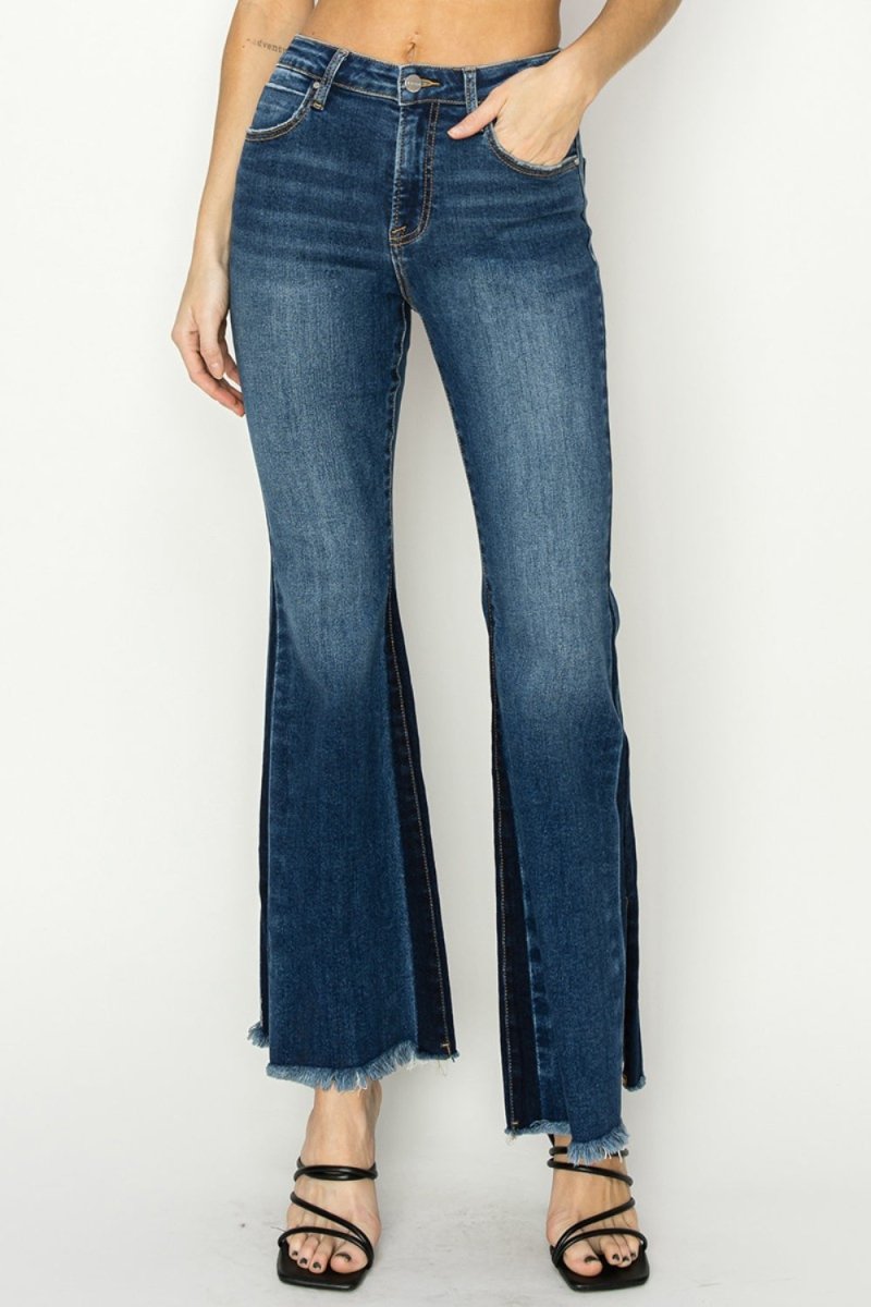 Premium RISEN Full Size High Rise Side Shadow Seam Detail Slit Flare Jeans