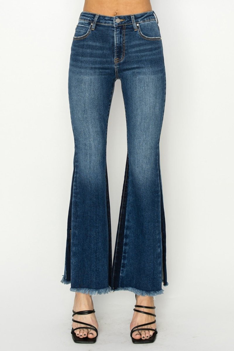 Premium RISEN Full Size High Rise Side Shadow Seam Detail Slit Flare Jeans