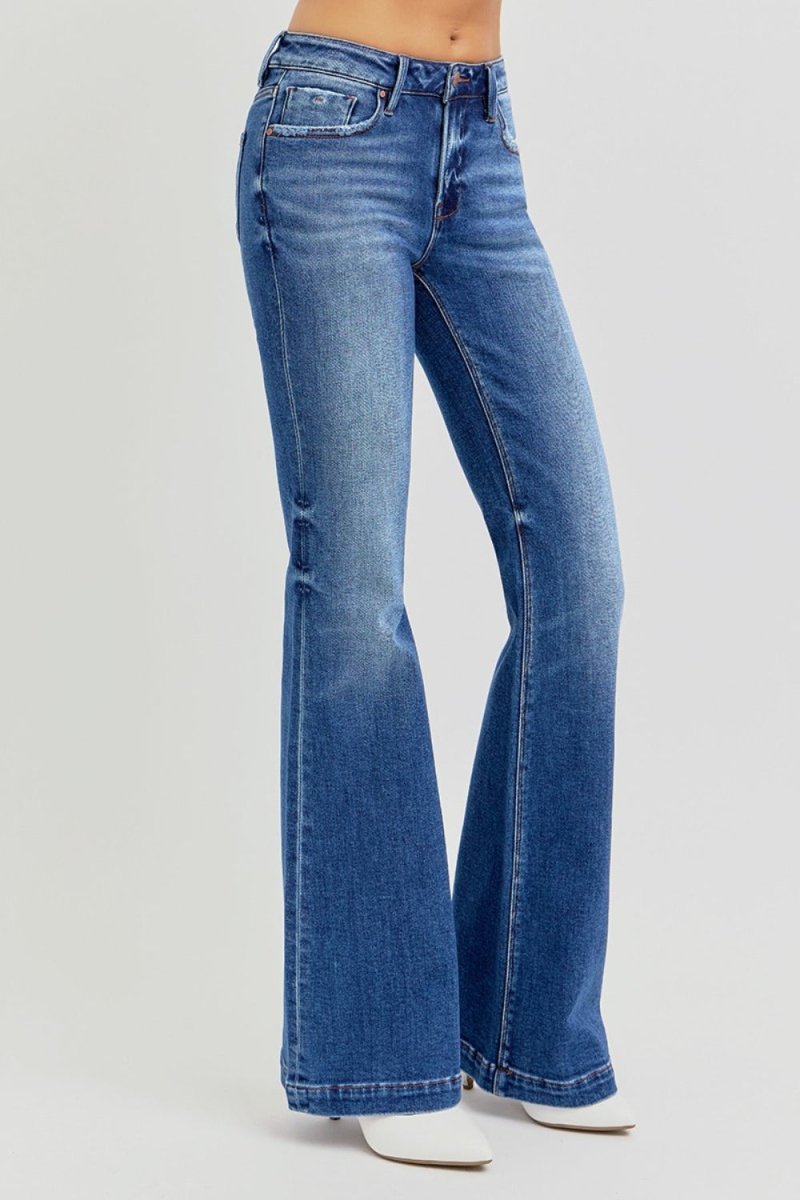 Premium RISEN Full Size Low Rise Flare Jeans with Pockets Available