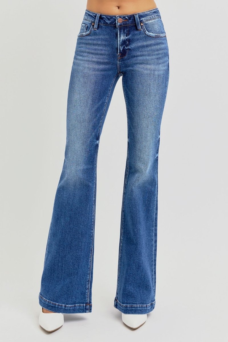 Premium RISEN Full Size Low Rise Flare Jeans with Pockets Available