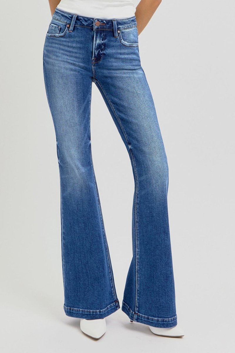 Premium RISEN Full Size Low Rise Flare Jeans with Pockets Available