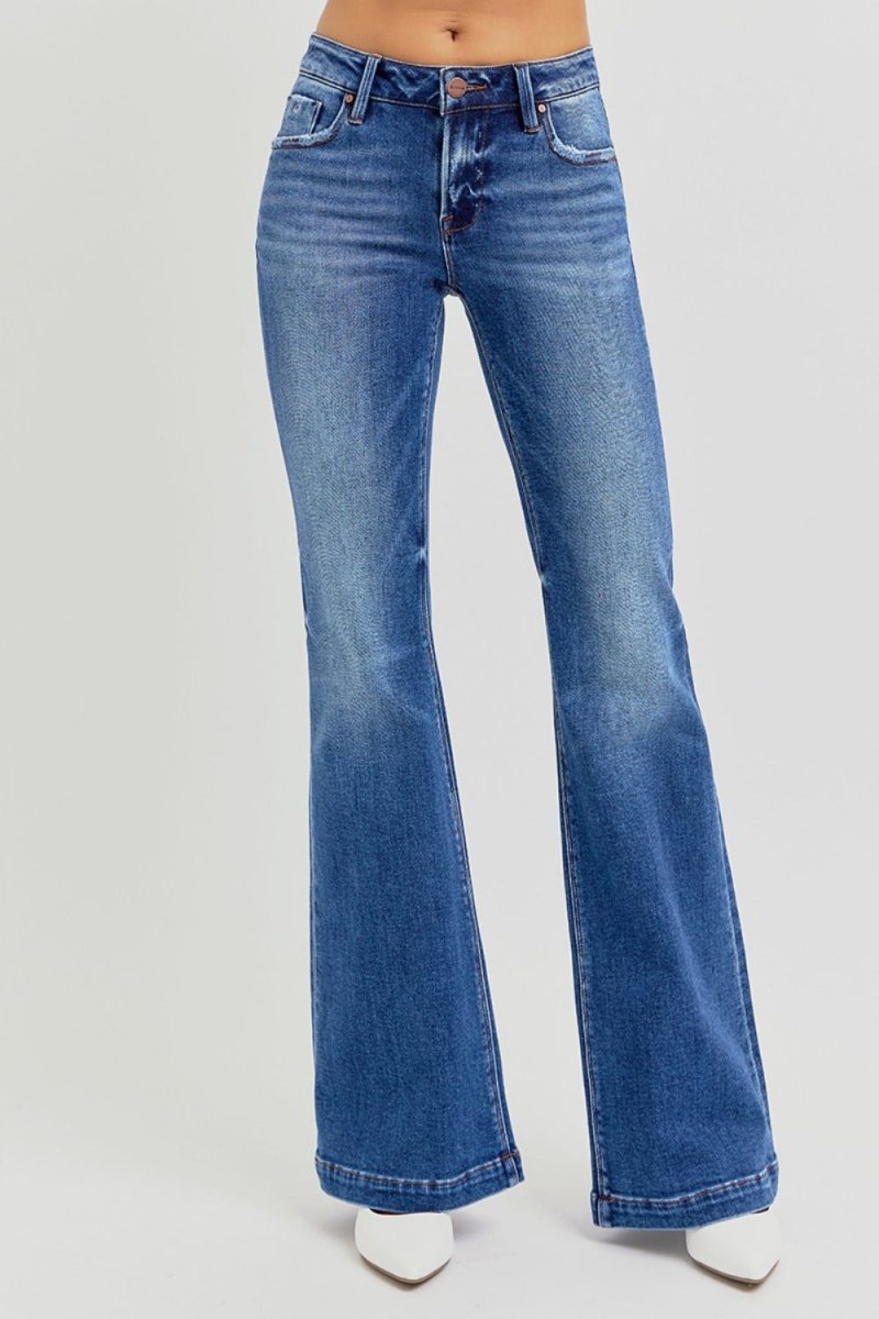 Premium RISEN Full Size Low Rise Flare Jeans with Pockets Available