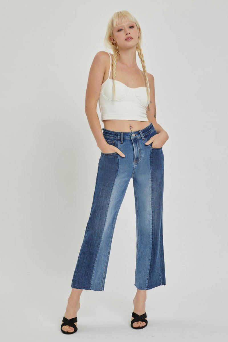 Premium RISEN Full Size Mid-Rise Waist Two-Tones Jeans with Pockets