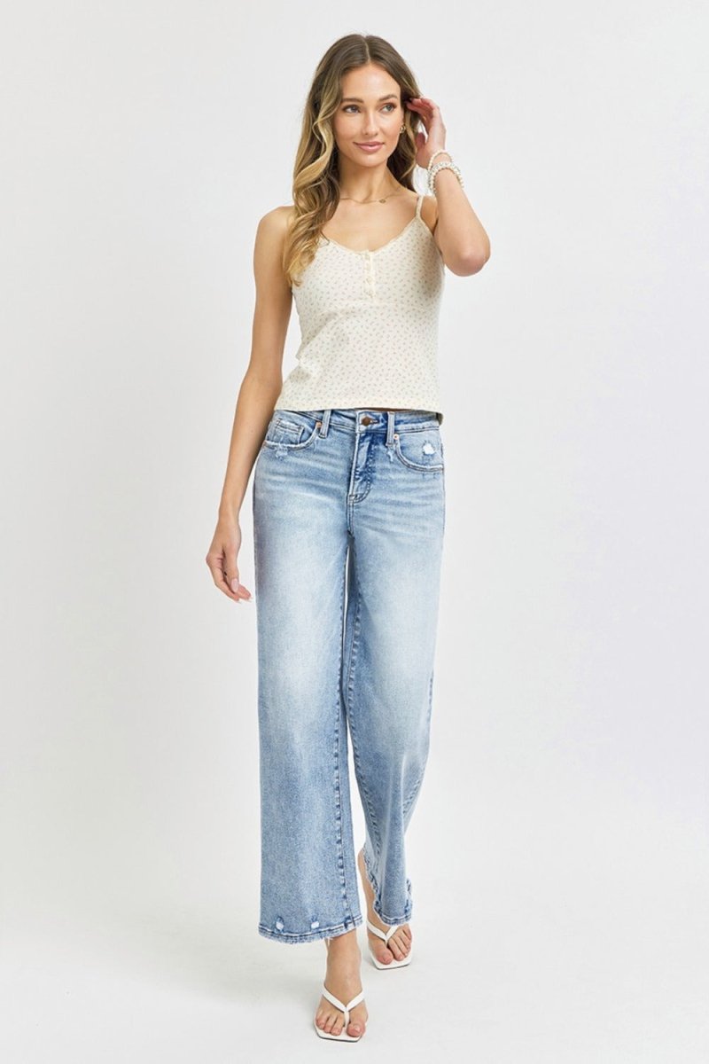 Premium RISEN Full Size Tummy Control High Rise Crop Wide Leg Jeans