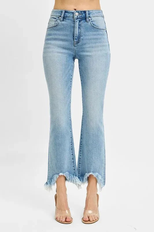 RISEN High Rise Crop Bootcut Fray Hem Jeans for Women