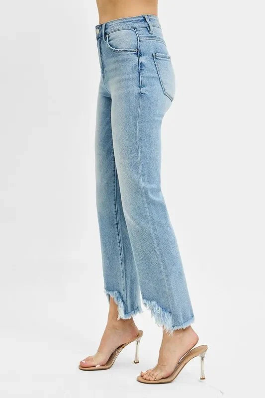 RISEN High Rise Crop Bootcut Fray Hem Jeans for Women