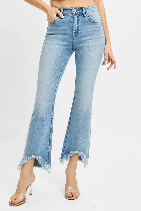 RISEN High Rise Crop Bootcut Fray Hem Jeans for Women