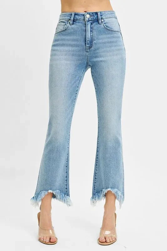 RISEN High Rise Crop Bootcut Fray Hem Jeans for Women
