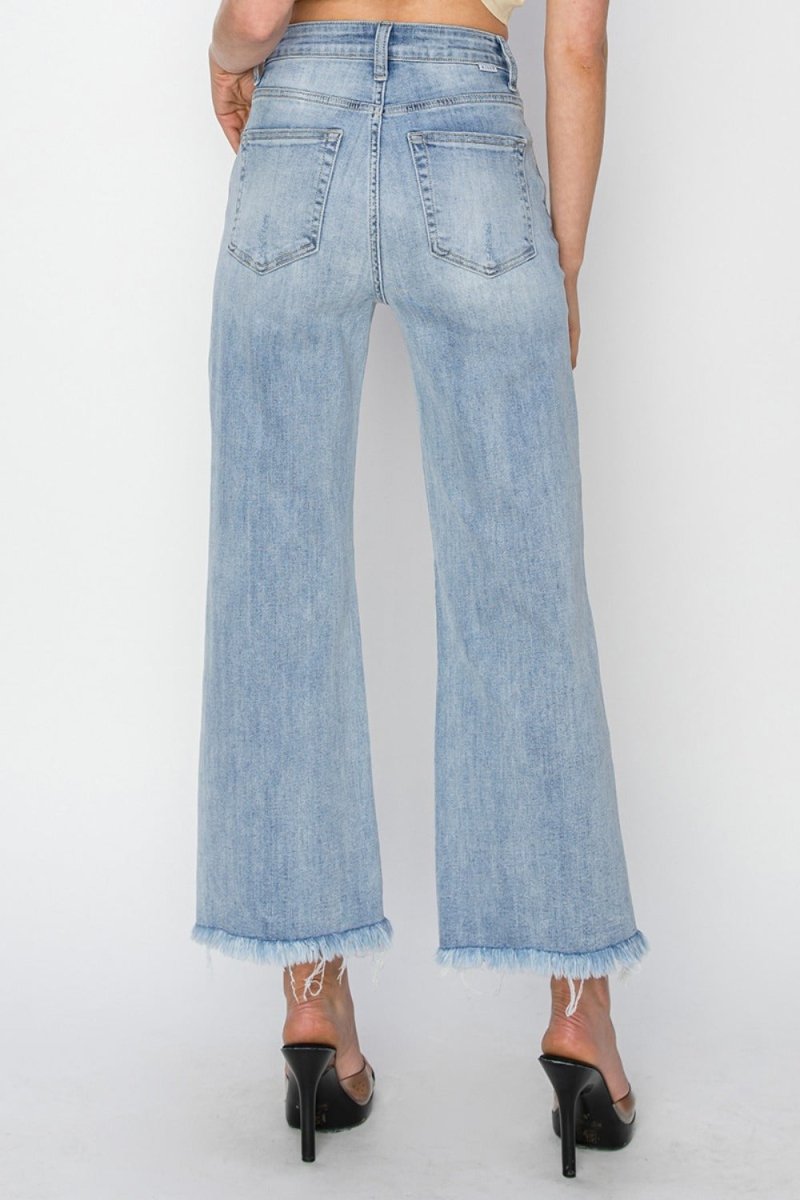 RISEN High Rise Crop Wide Fray Hem Jeans for Women