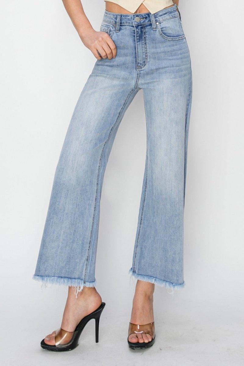 RISEN High Rise Crop Wide Fray Hem Jeans for Women