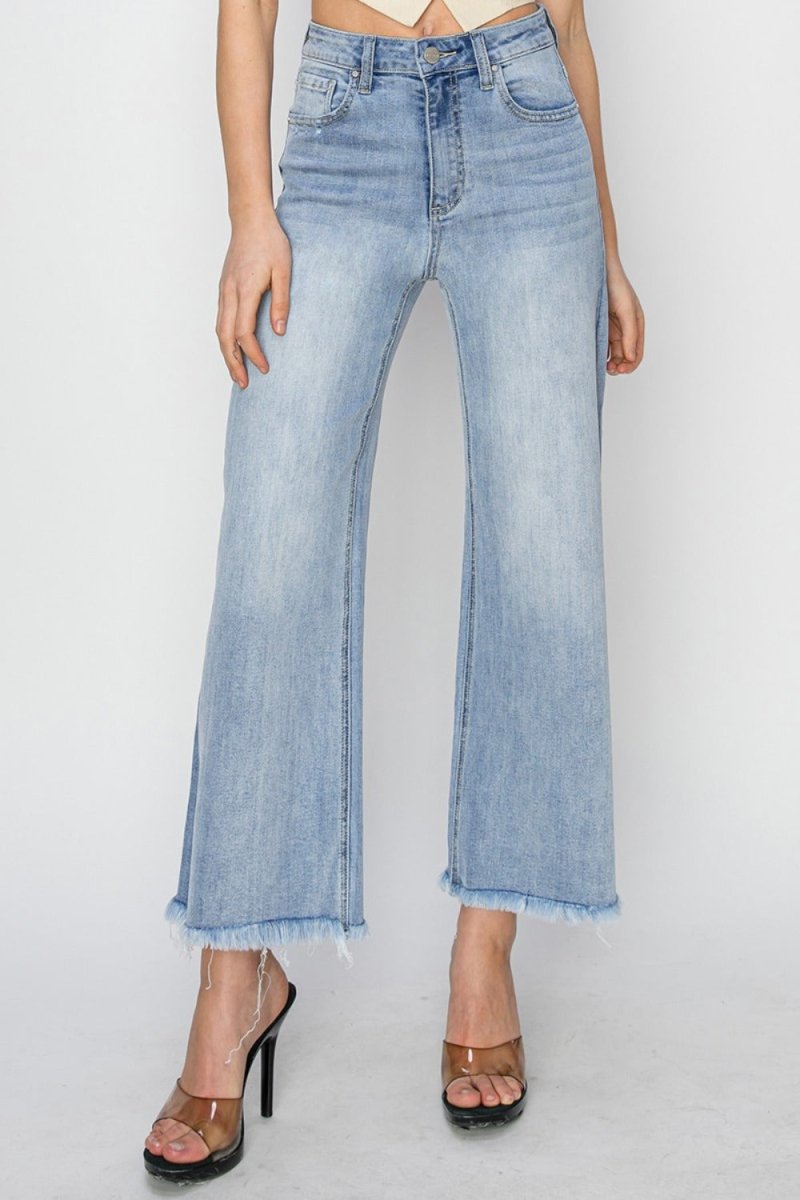 RISEN High Rise Crop Wide Fray Hem Jeans for Women