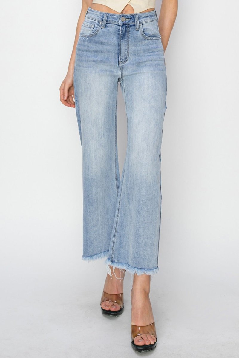 RISEN High Rise Crop Wide Fray Hem Jeans for Women
