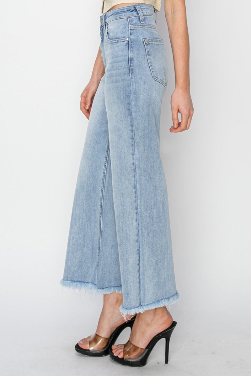 RISEN High Rise Crop Wide Fray Hem Jeans for Women