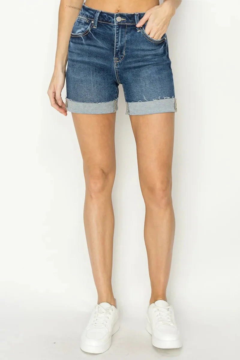 RISEN High Rise Cuffed Denim Shorts for Trendy Summer Style