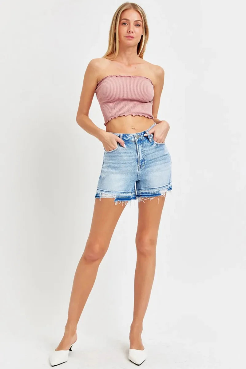 RISEN High Rise Distressed Hem Denim Shorts for Women