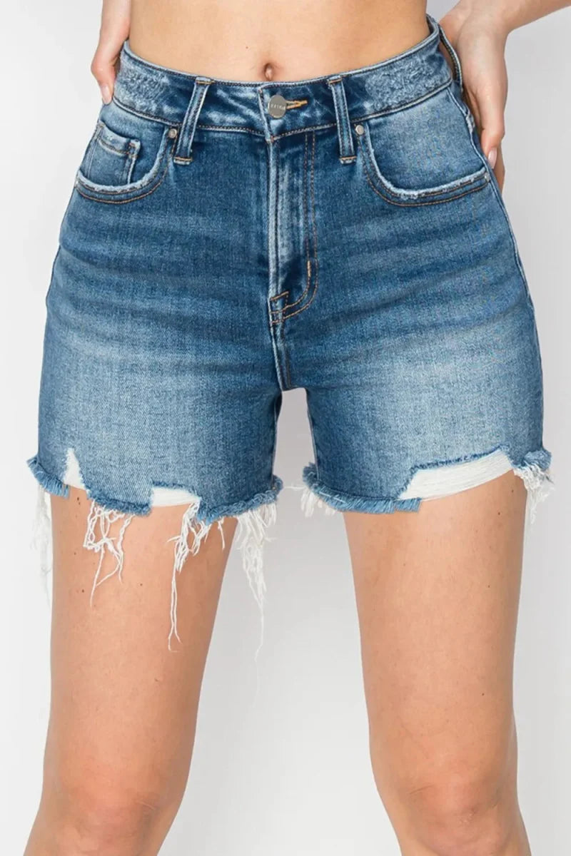 RISEN High Rise Raw Hem Distressed Denim Shorts for Women