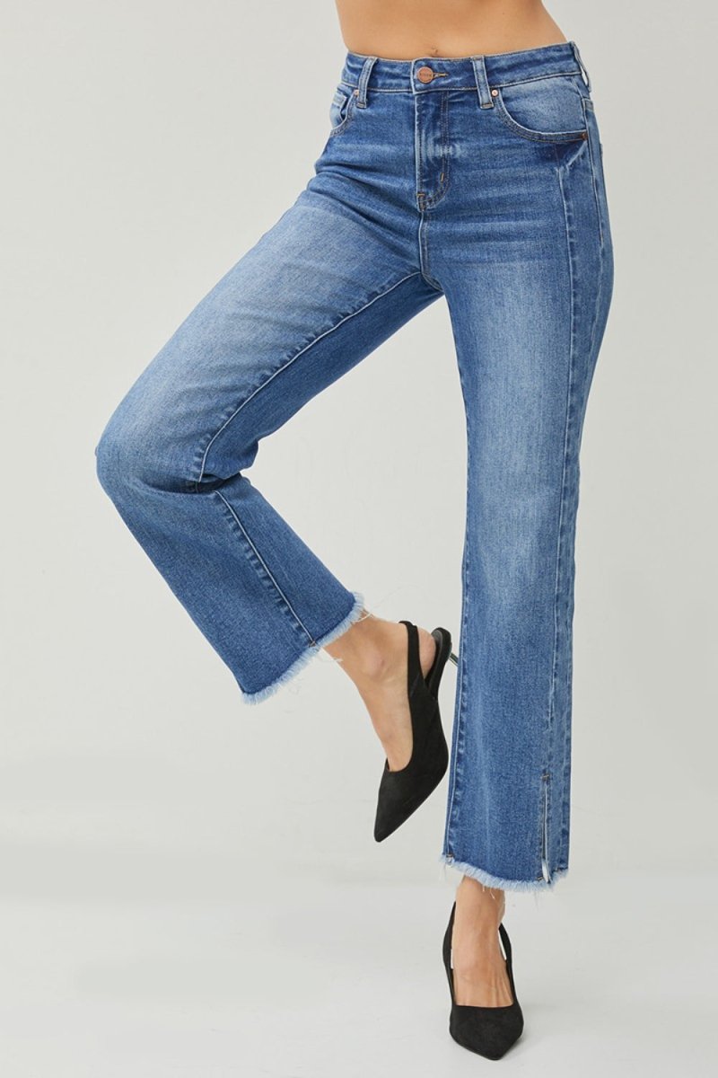 RISEN High Waist Raw Hem Slit Straight Jeans for Women