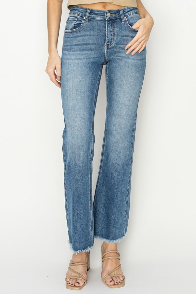 RISEN Mid-Rise Frayed Hem Bootcut Jeans for Women