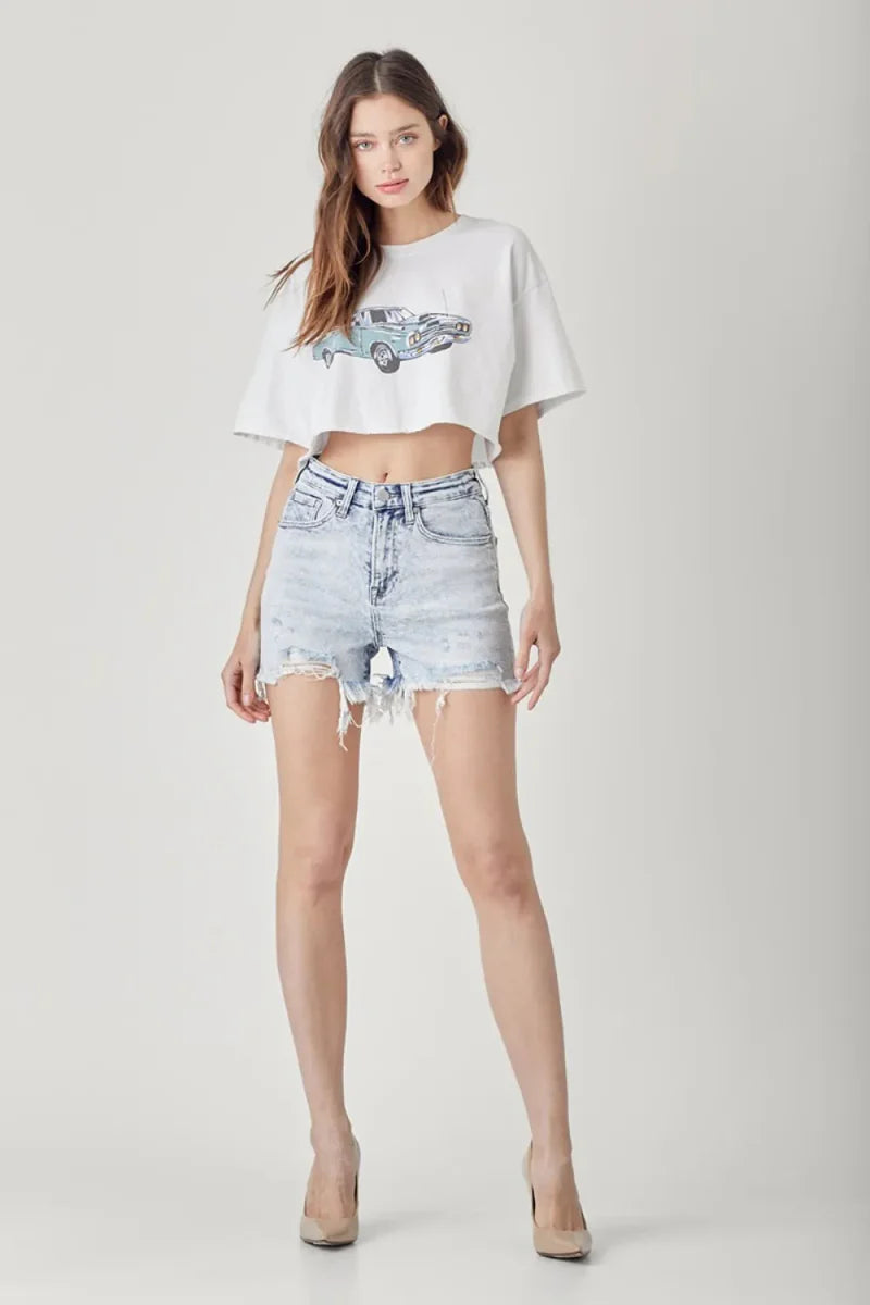 RISEN Raw Hem Distressed High Rise Denim Shorts for Women