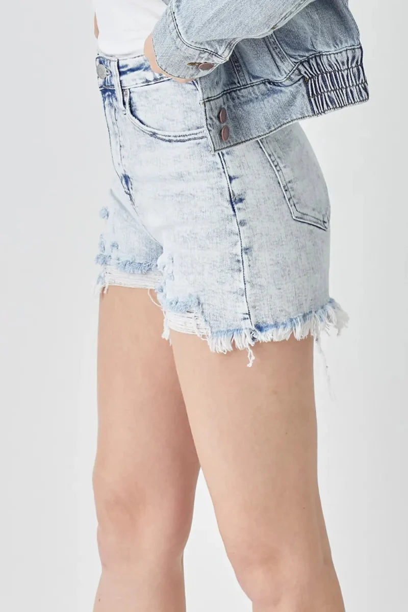 RISEN Raw Hem Distressed High Rise Denim Shorts for Women