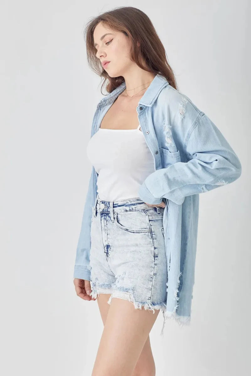 RISEN Raw Hem Distressed High Rise Denim Shorts for Women