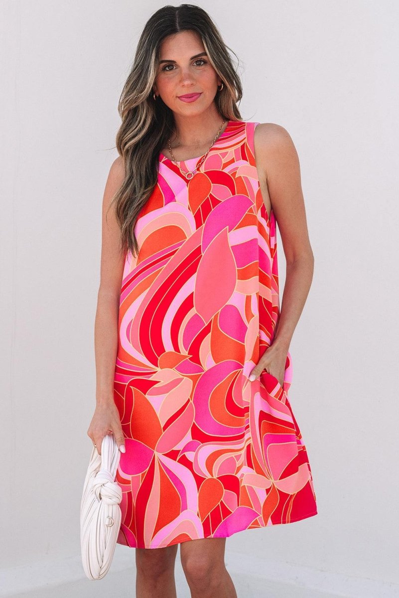 Rose Abstract Floral Print Sleeveless Shift Mini Dress