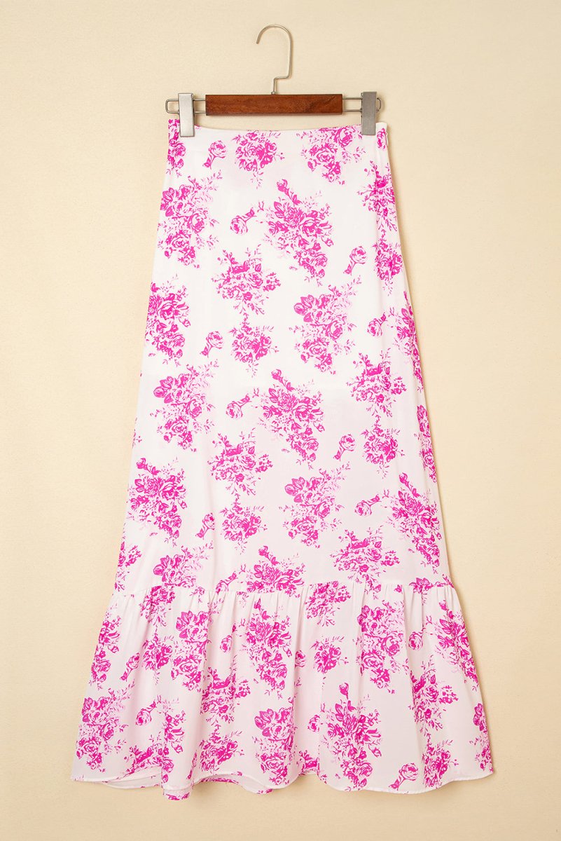 Rose Boho Floral High Waist Ruffle Split Maxi Skirt for Women