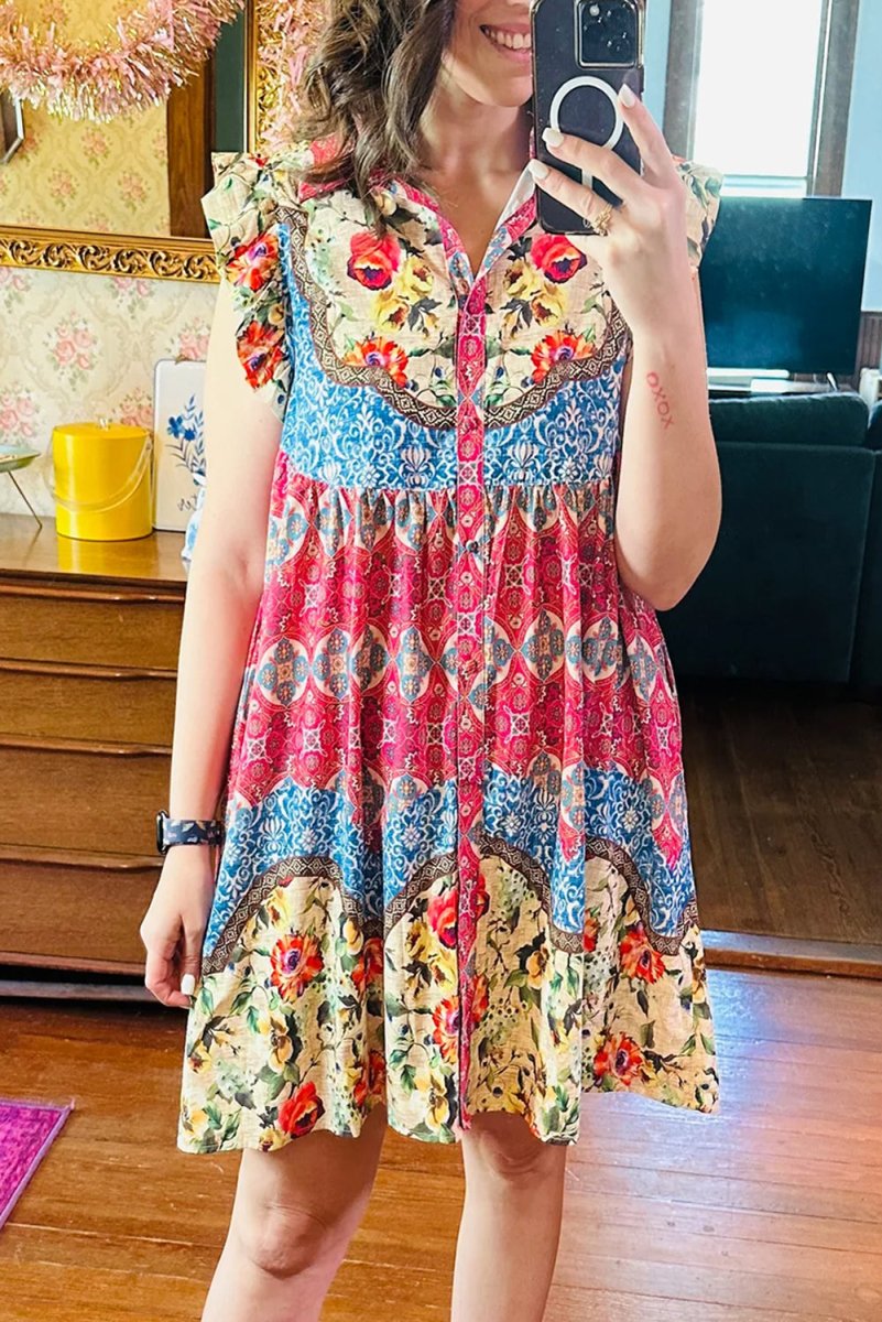 Rose Floral Mixed Pattern Ruffle Flutter Sleeve Dress