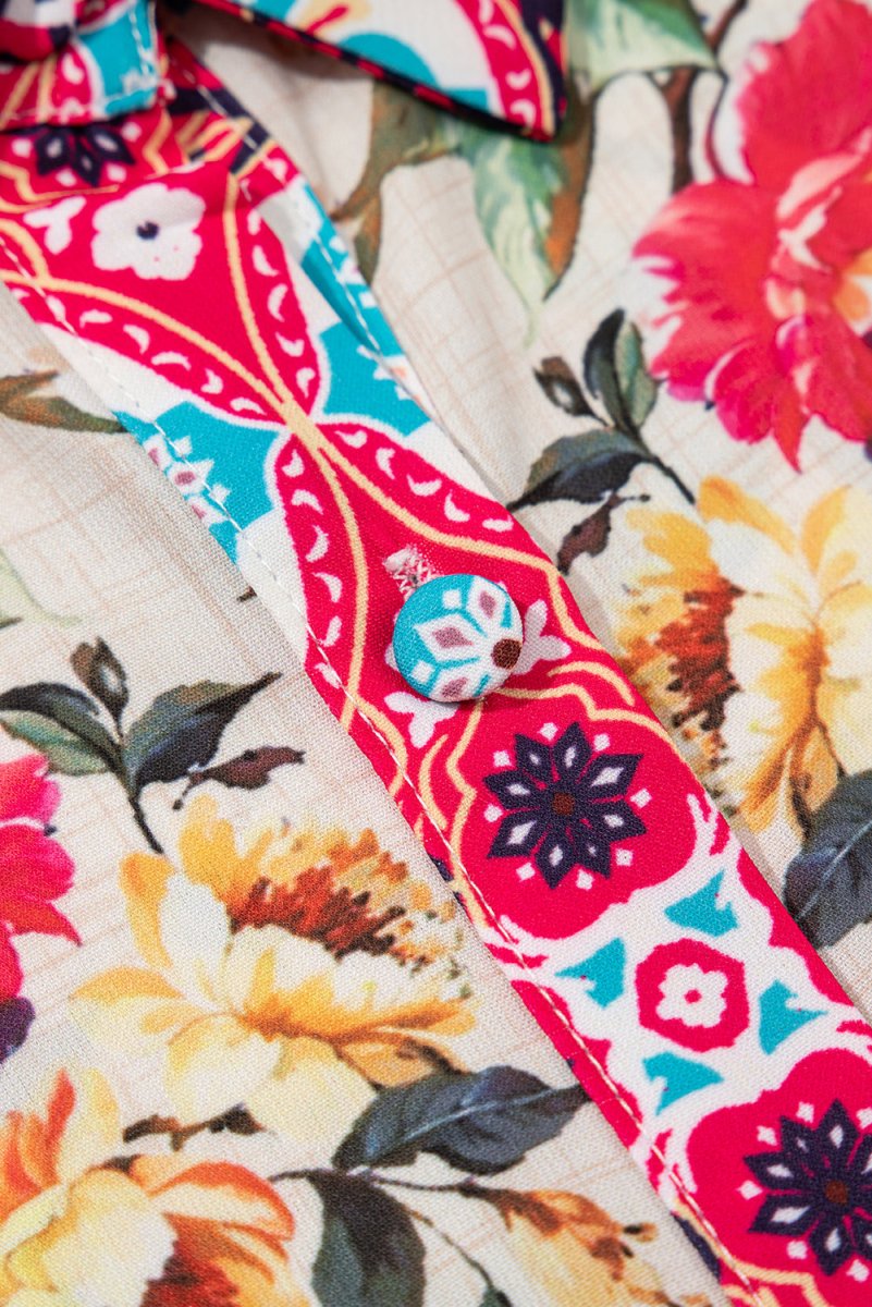 Rose Floral Mixed Pattern Ruffle Flutter Sleeve Dress