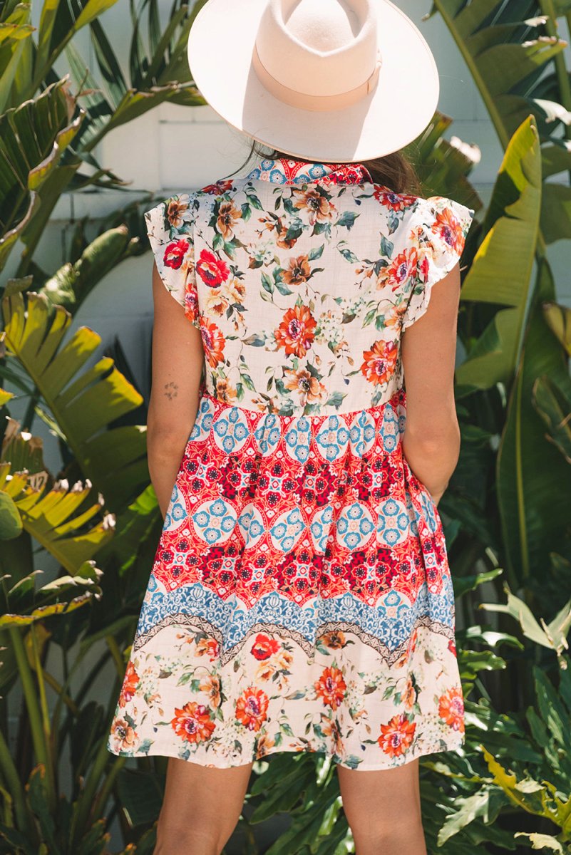 Rose Floral Mixed Pattern Ruffle Flutter Sleeve Dress
