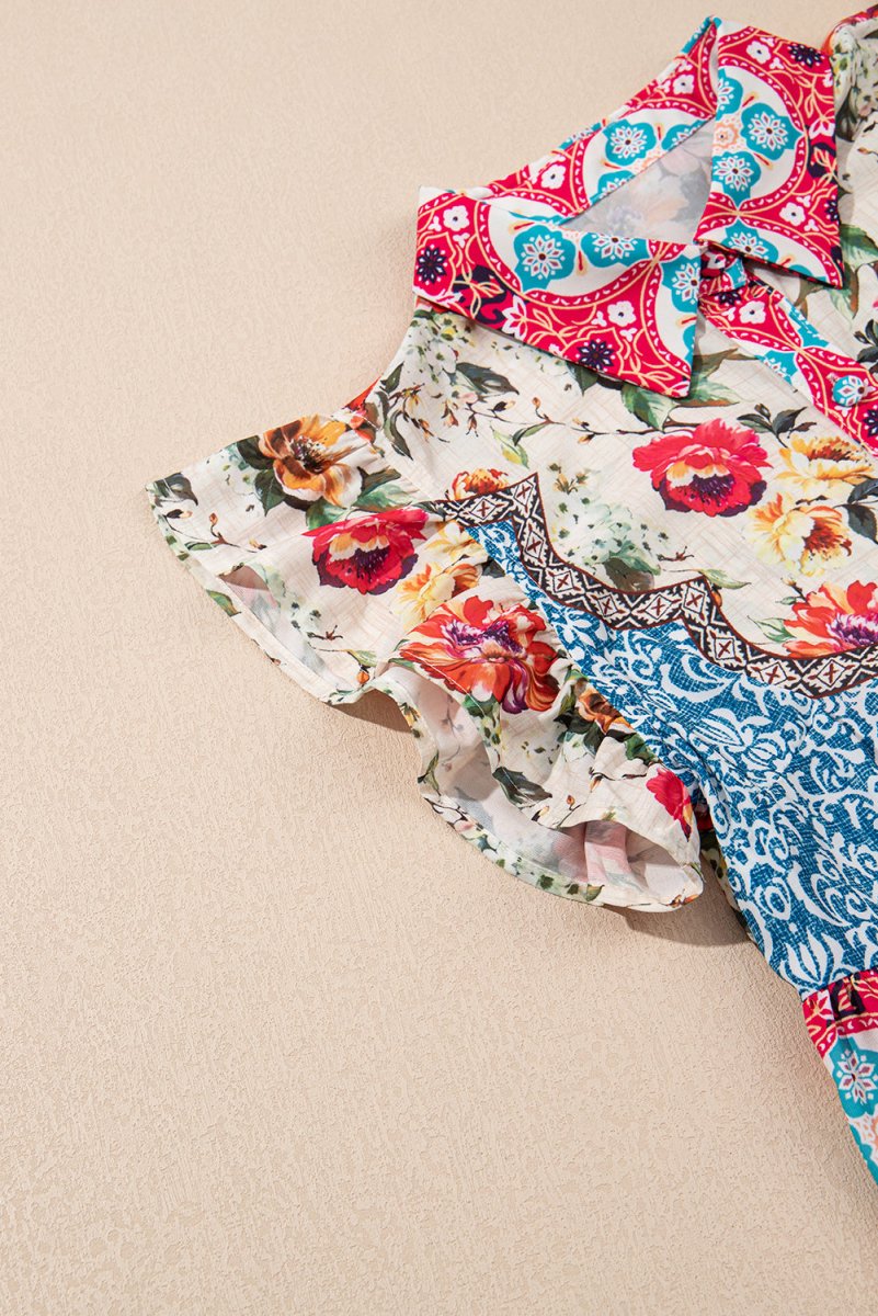 Rose Floral Mixed Pattern Ruffle Flutter Sleeve Dress