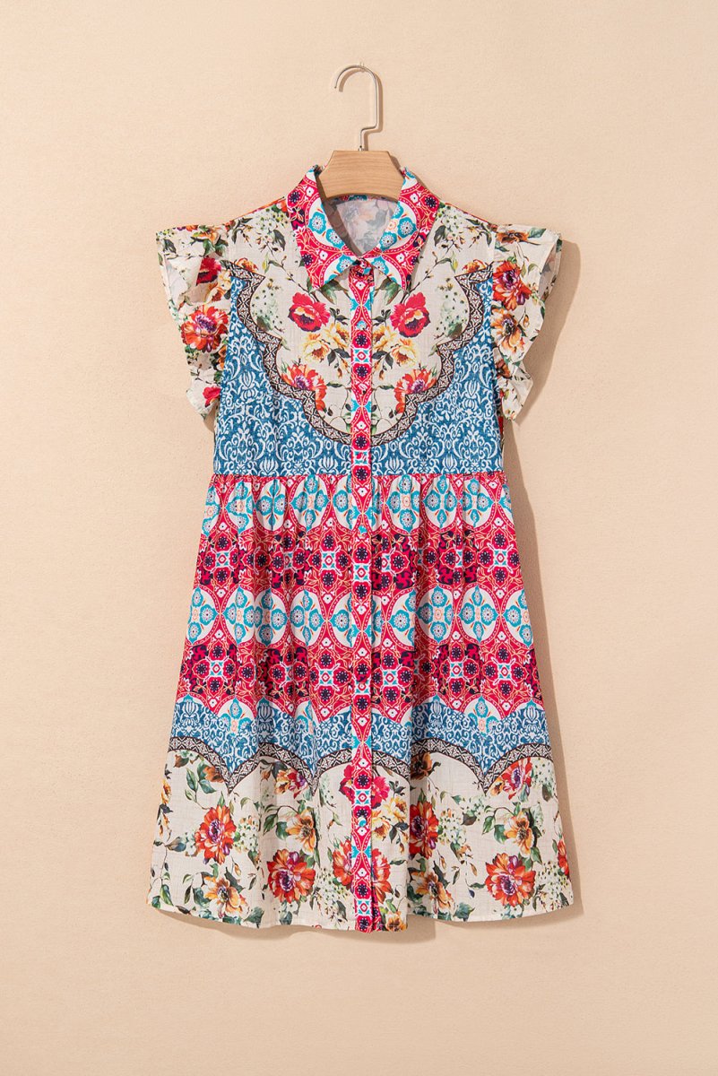 Rose Floral Mixed Pattern Ruffle Flutter Sleeve Dress