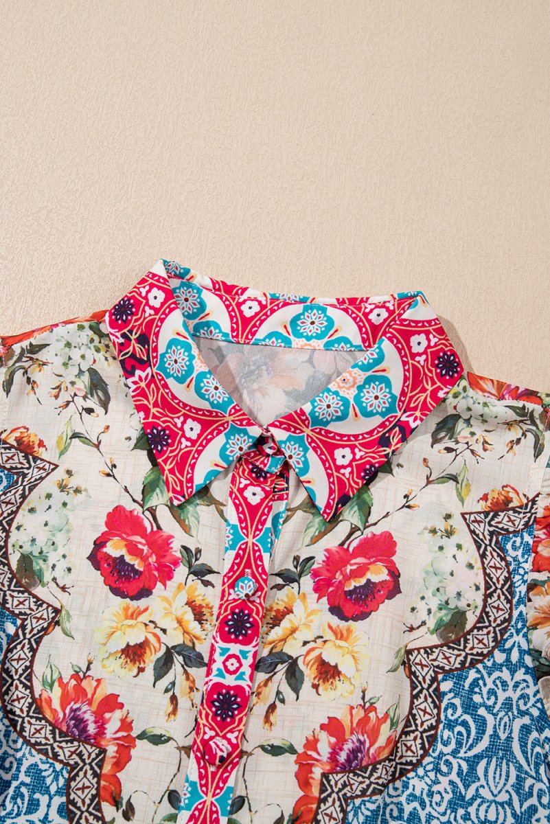 Rose Floral Mixed Pattern Ruffle Flutter Sleeve Dress