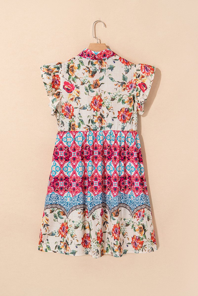 Rose Floral Mixed Pattern Ruffle Flutter Sleeve Dress