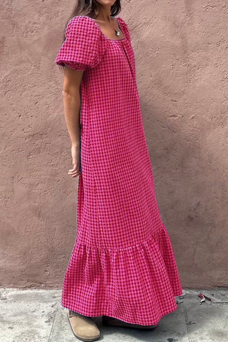 Rose Ginham Check Bubble Sleeve Ruffled Maxi Dress for Women