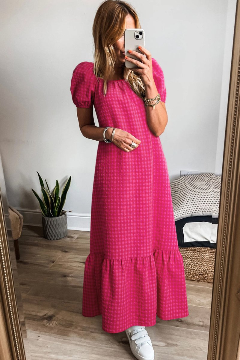 Rose Ginham Check Bubble Sleeve Ruffled Maxi Dress for Women