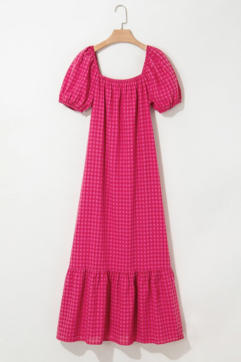 Rose Ginham Check Bubble Sleeve Ruffled Maxi Dress for Women