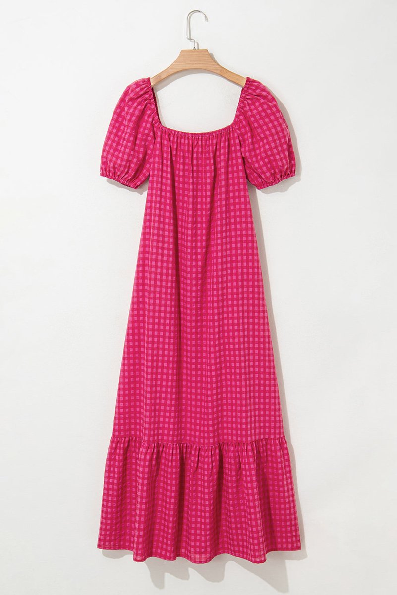 Rose Ginham Check Bubble Sleeve Ruffled Maxi Dress for Women