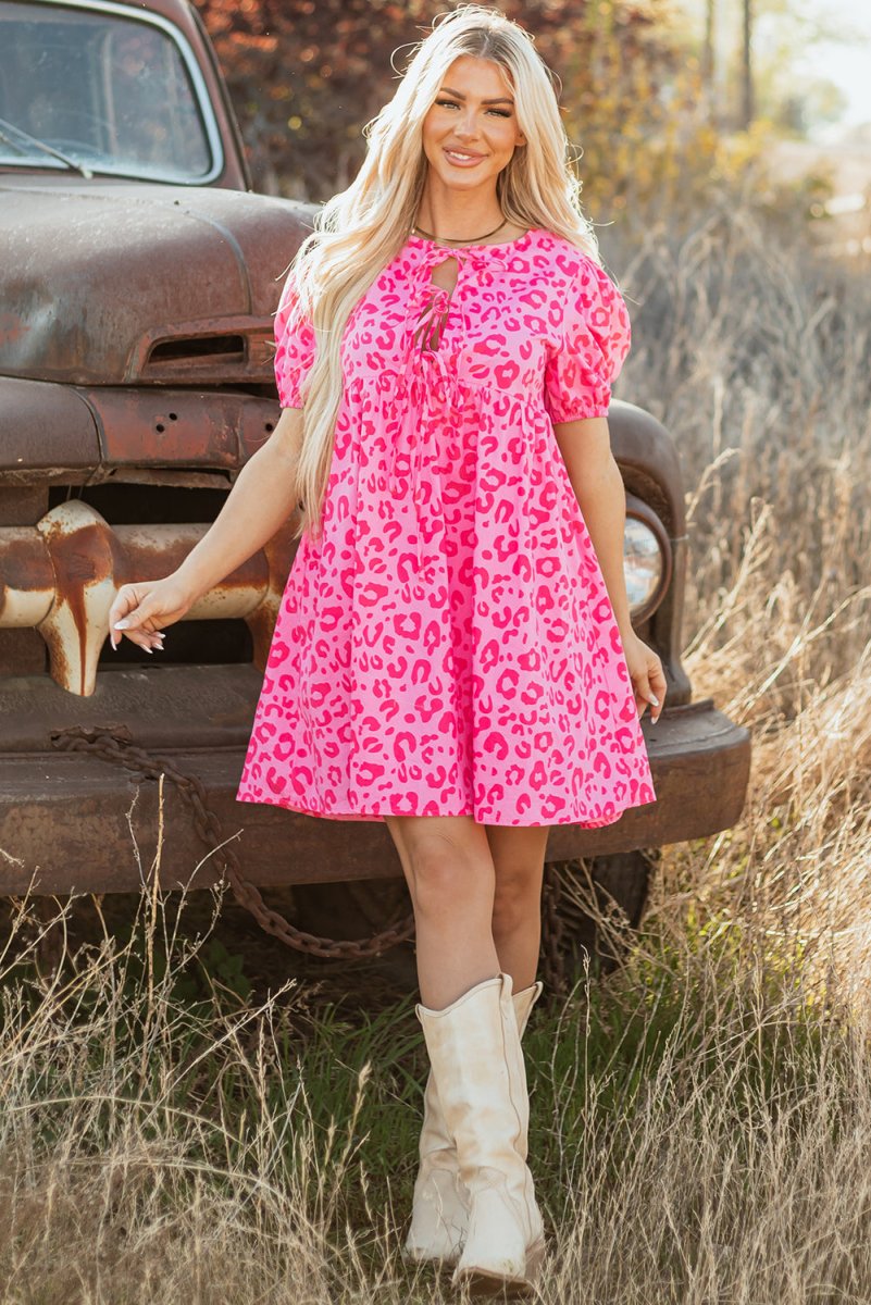 Rose Leopard Puff Sleeve Tie Front High Waist Mini Dress