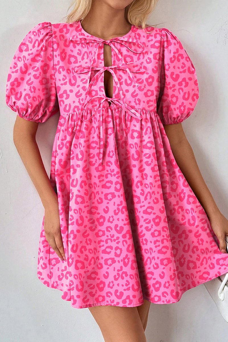 Rose Leopard Puff Sleeve Tie Front High Waist Mini Dress