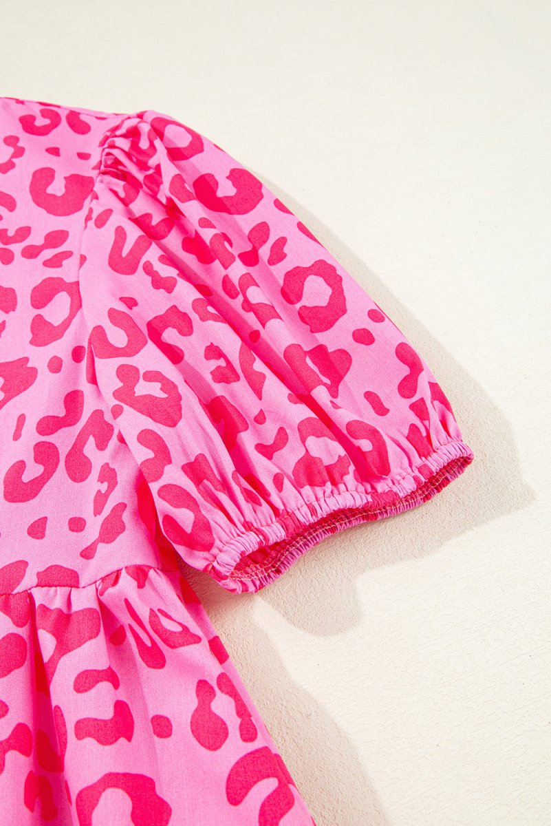 Rose Leopard Puff Sleeve Tie Front High Waist Mini Dress